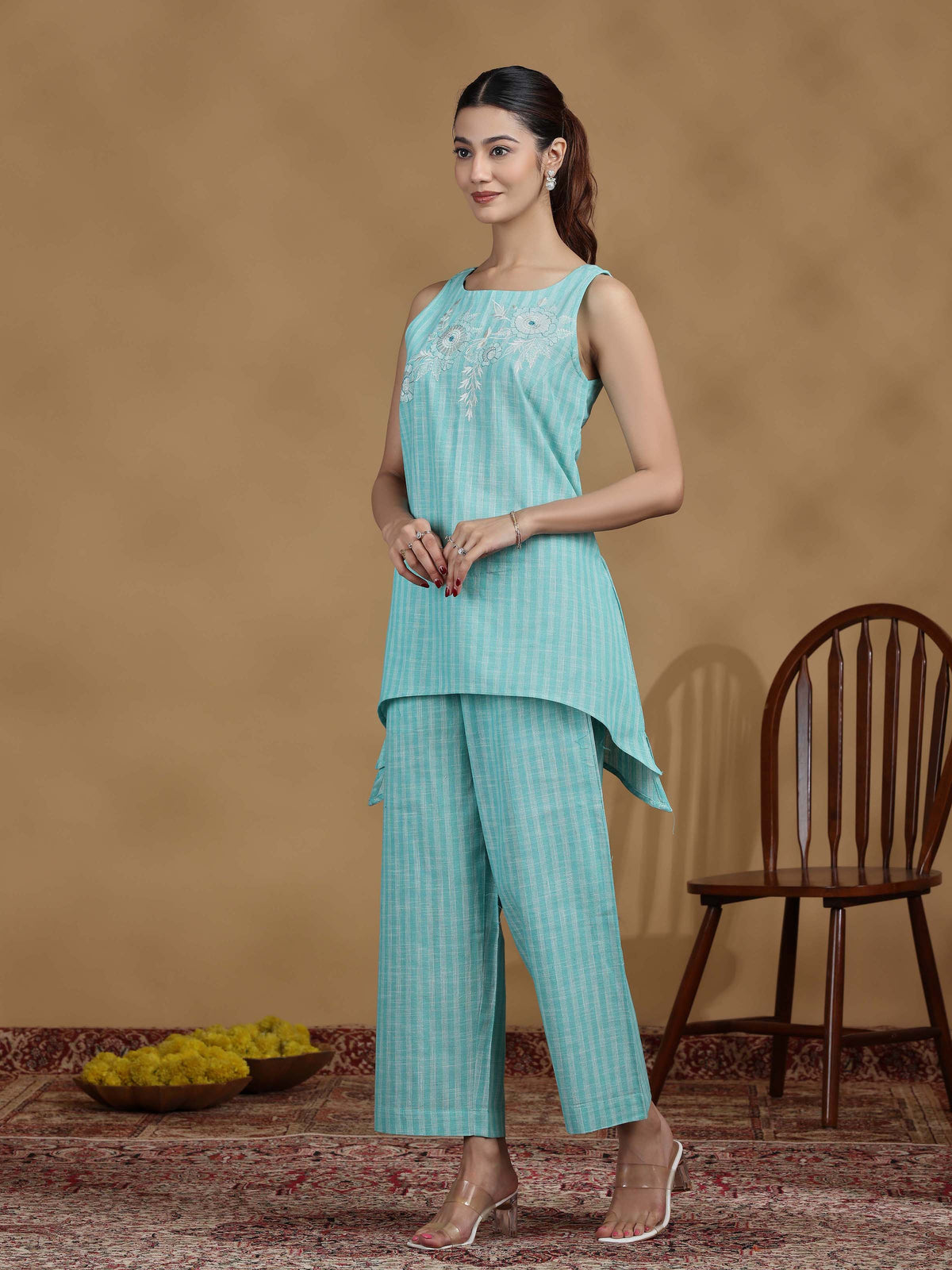 Elegant Sky Blue Embroidered Cotton Sleeveless Co-Ord Set