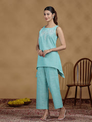 Elegant Sky Blue Embroidered Cotton Sleeveless Co-Ord Set
