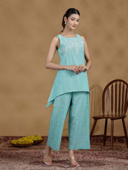 Elegant Sky Blue Embroidered Cotton Sleeveless Co-Ord Set