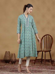 Green Printed Flared Cotton Kurta