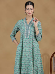 Green Printed Flared Cotton Kurta