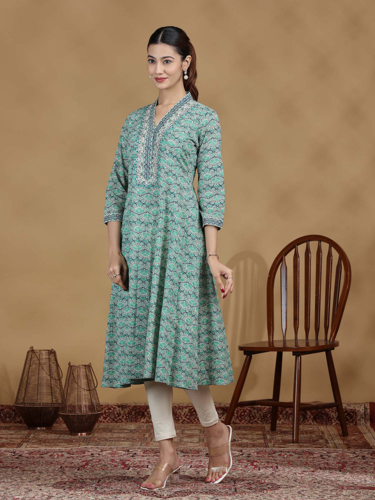 Green Printed Flared Cotton Kurta