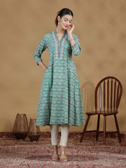 Green Printed Flared Cotton Kurta