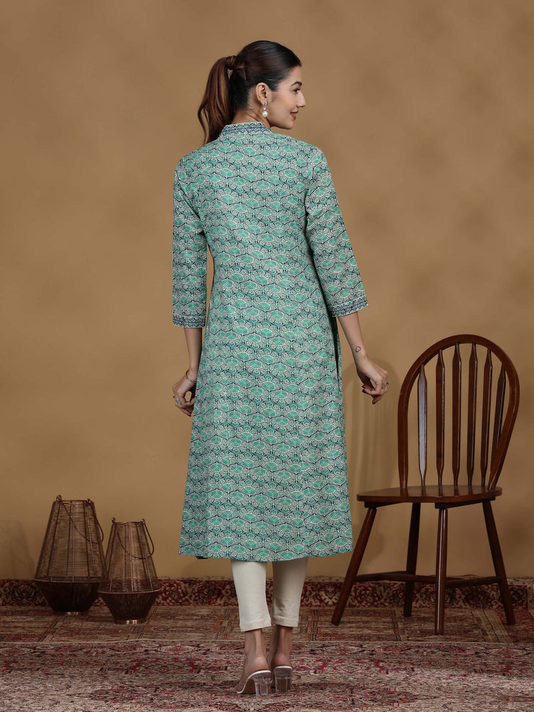 Green Printed Flared Cotton Kurta