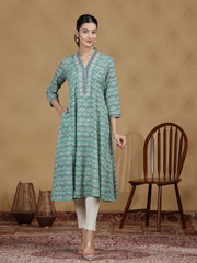 Green Printed Flared Cotton Kurta