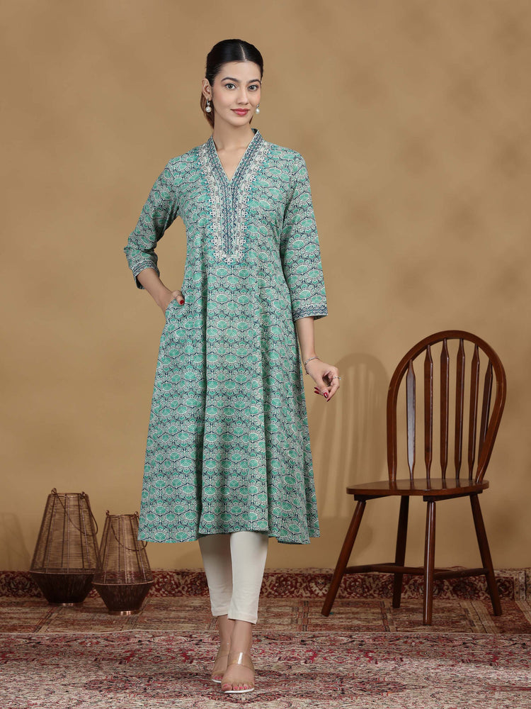 Green Printed Flared Cotton Kurta