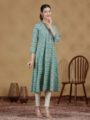 Green Printed Flared Cotton Kurta