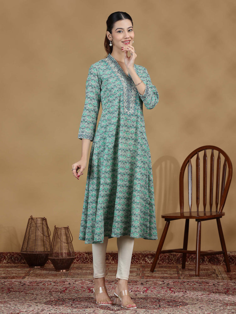 Green Printed Flared Cotton Kurta