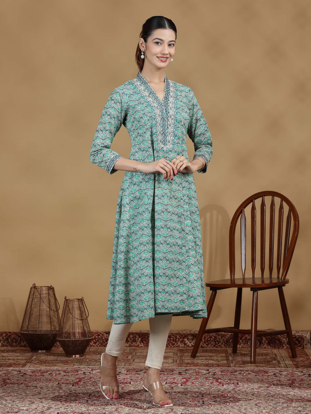 Green Printed Flared Cotton Kurta