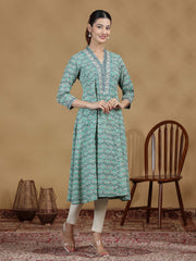 Green Printed Flared Cotton Kurta