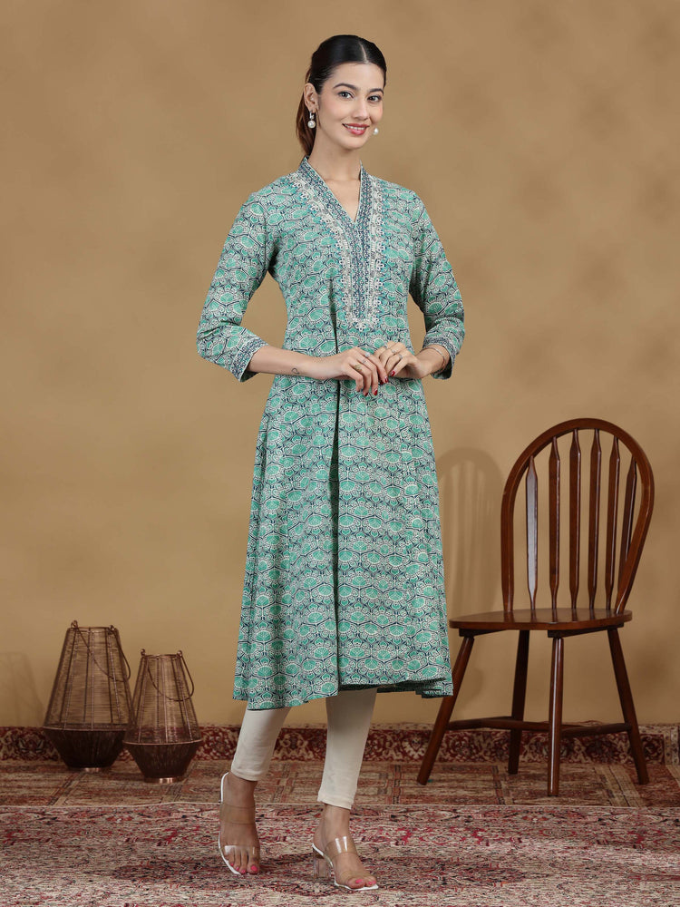 Green Printed Flared Cotton Kurta