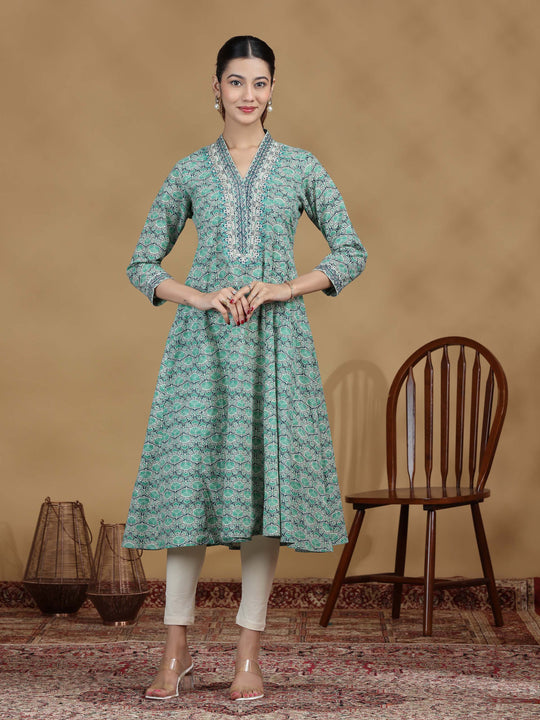 Green Printed Flared Cotton Kurta