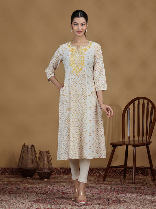 Off White And Mustard Printed Cotton Embroidered A-line Kurta
