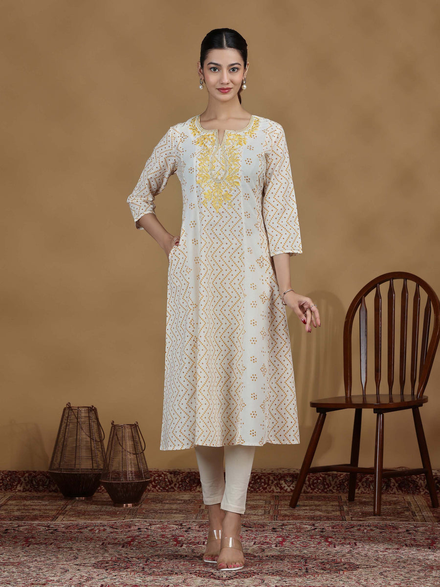 Off White And Mustard Printed Cotton Embroidered A-line Kurta