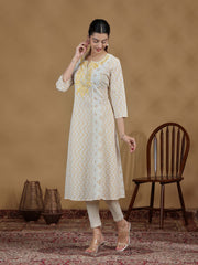 Off White And Mustard Printed Cotton Embroidered A-line Kurta