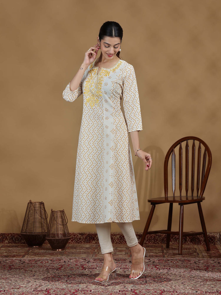Off White And Mustard Printed Cotton Embroidered A-line Kurta