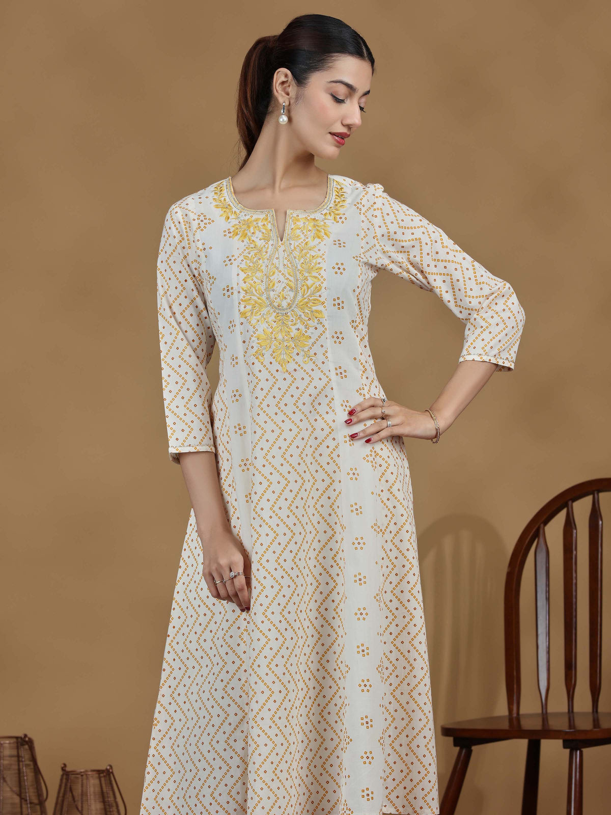 Off White And Mustard Printed Cotton Embroidered A-line Kurta