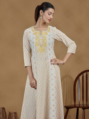 Off White And Mustard Printed Cotton Embroidered A-line Kurta