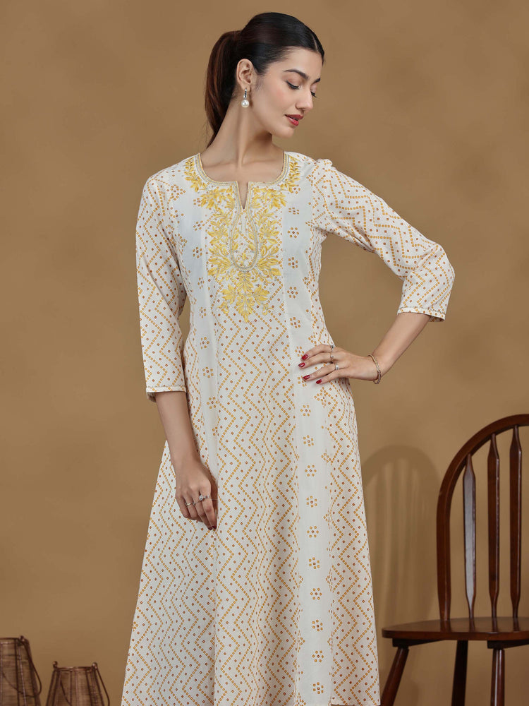 Off White And Mustard Printed Cotton Embroidered A-line Kurta