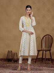 Off White And Mustard Printed Cotton Embroidered A-line Kurta