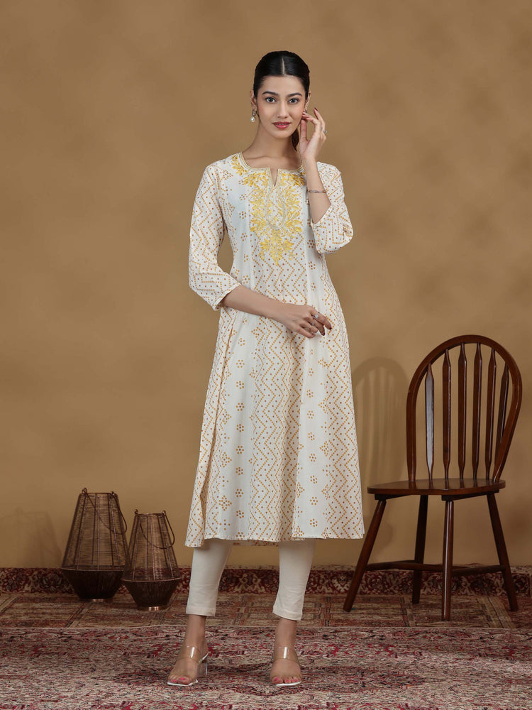 Off White And Mustard Printed Cotton Embroidered A-line Kurta