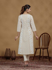 Off White And Mustard Printed Cotton Embroidered A-line Kurta