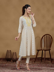 Off White And Mustard Printed Cotton Embroidered A-line Kurta
