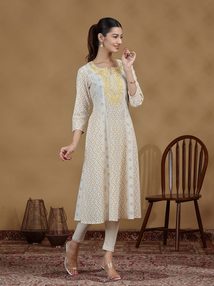 Off White And Mustard Printed Cotton Embroidered A-line Kurta