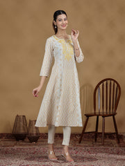 Off White And Mustard Printed Cotton Embroidered A-line Kurta