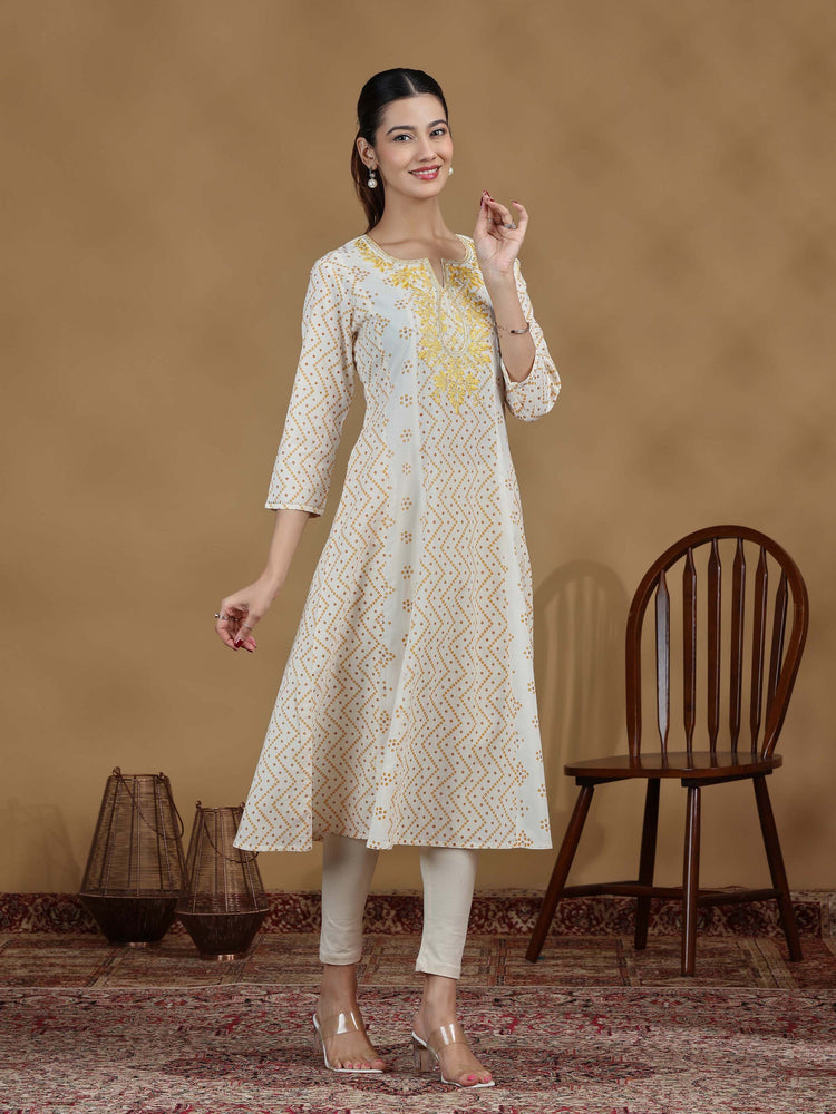 Off White And Mustard Printed Cotton Embroidered A-line Kurta