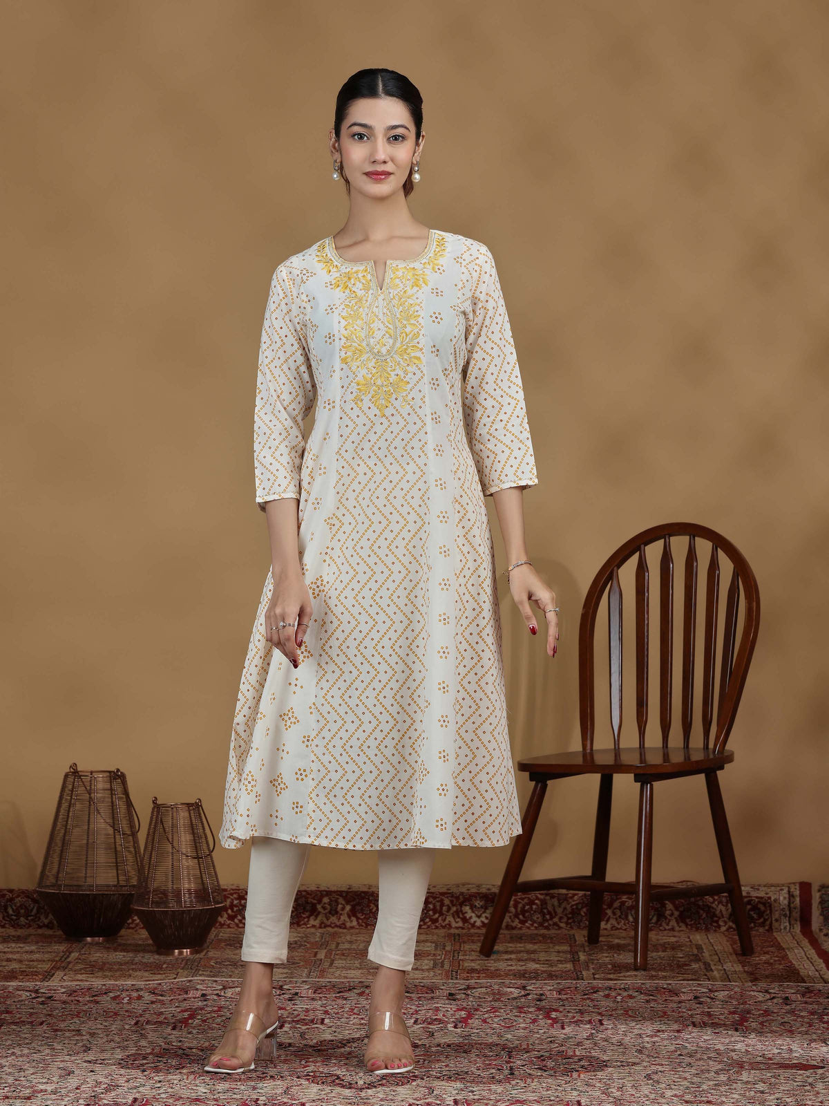 Off White And Mustard Printed Cotton Embroidered A-line Kurta