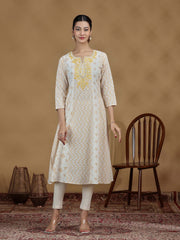 Off White And Mustard Printed Cotton Embroidered A-line Kurta