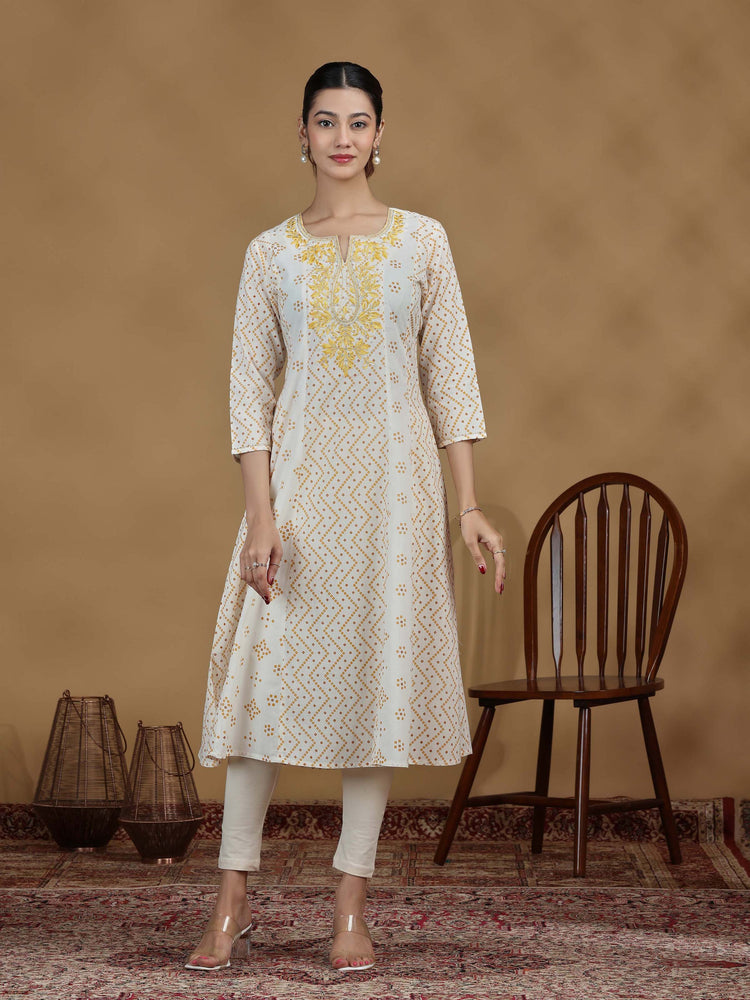 Off White And Mustard Printed Cotton Embroidered A-line Kurta
