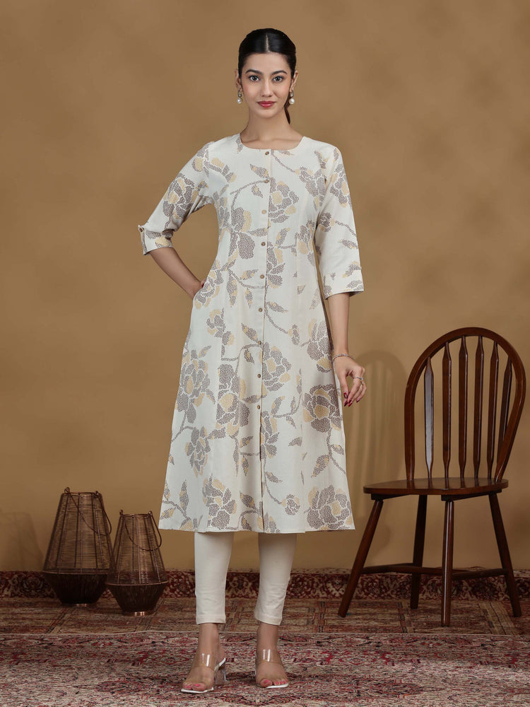 Elegant Off White Floral Printed A-Line Kurta with Front Buttons
