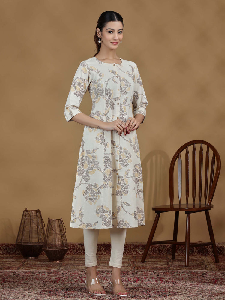 Elegant Off White Floral Printed A-Line Kurta with Front Buttons