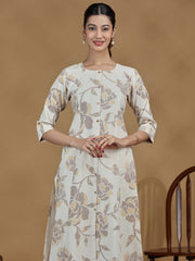 Elegant Off White Floral Printed A-Line Kurta with Front Buttons