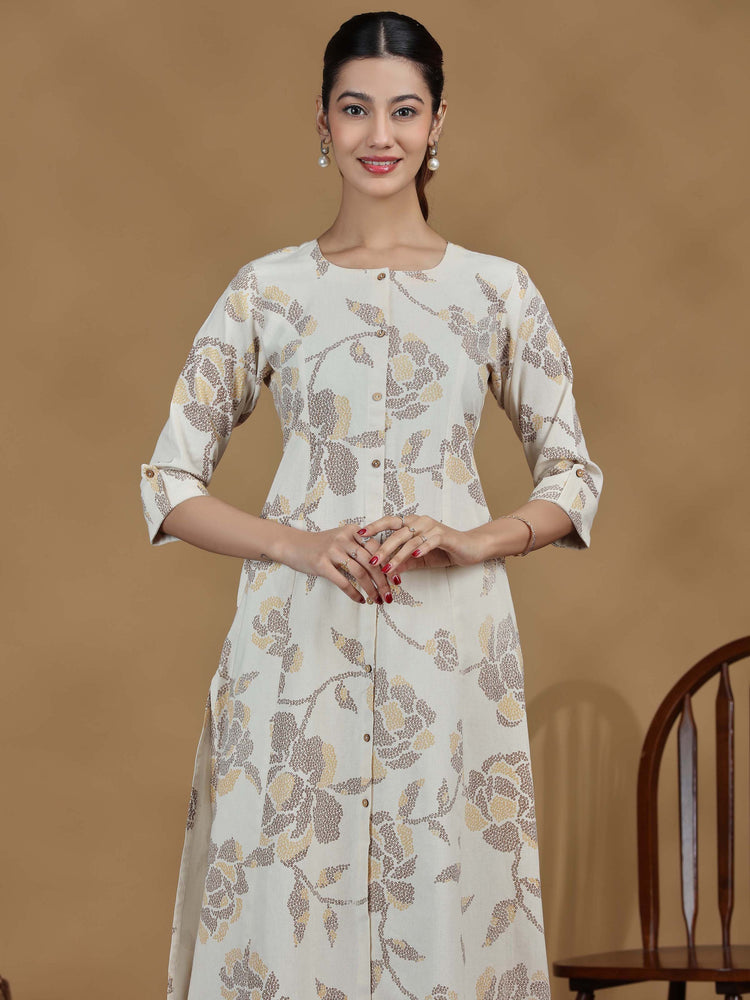 Elegant Off White Floral Printed A-Line Kurta with Front Buttons