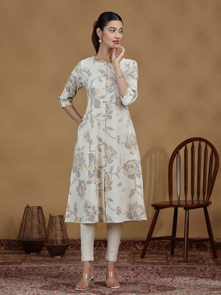 Elegant Off White Floral Printed A-Line Kurta with Front Buttons