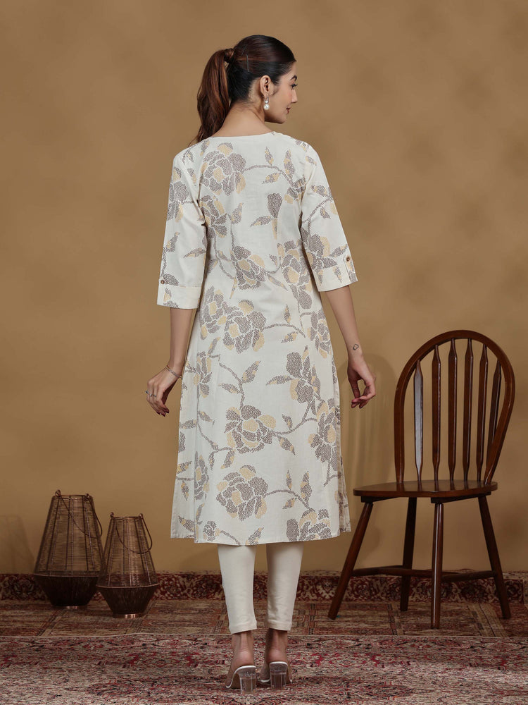 Elegant Off White Floral Printed A-Line Kurta with Front Buttons