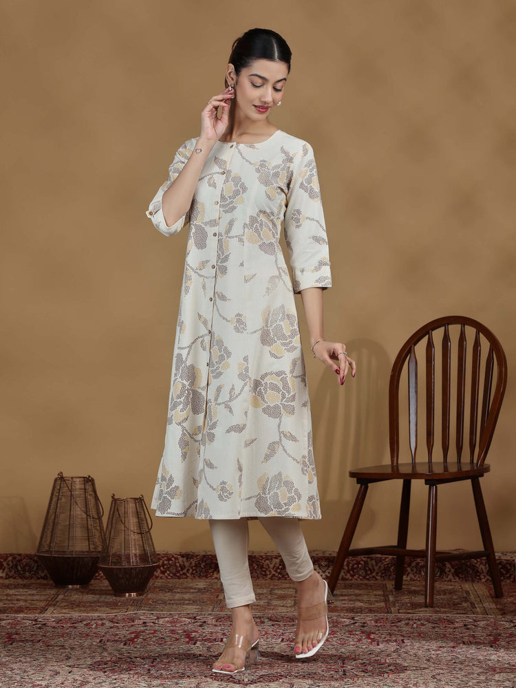 Elegant Off White Floral Printed A-Line Kurta with Front Buttons