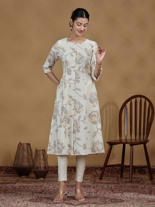 Elegant Off White Floral Printed A-Line Kurta with Front Buttons