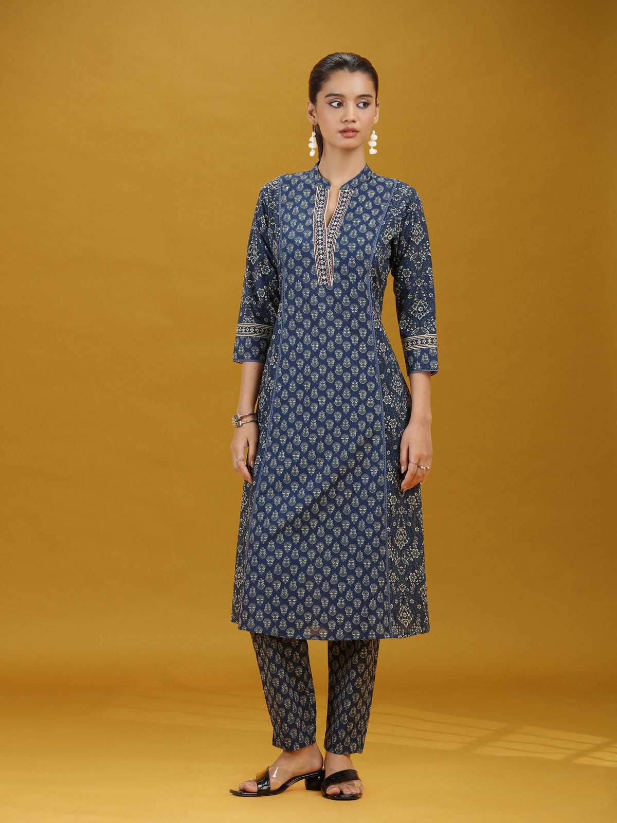 Navy Blue Printed Pure Cotton Straight Co-Ord Set