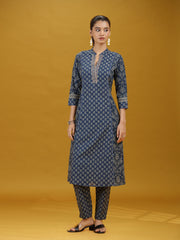 Navy Blue Printed Cotton Straight Co-Ord Set