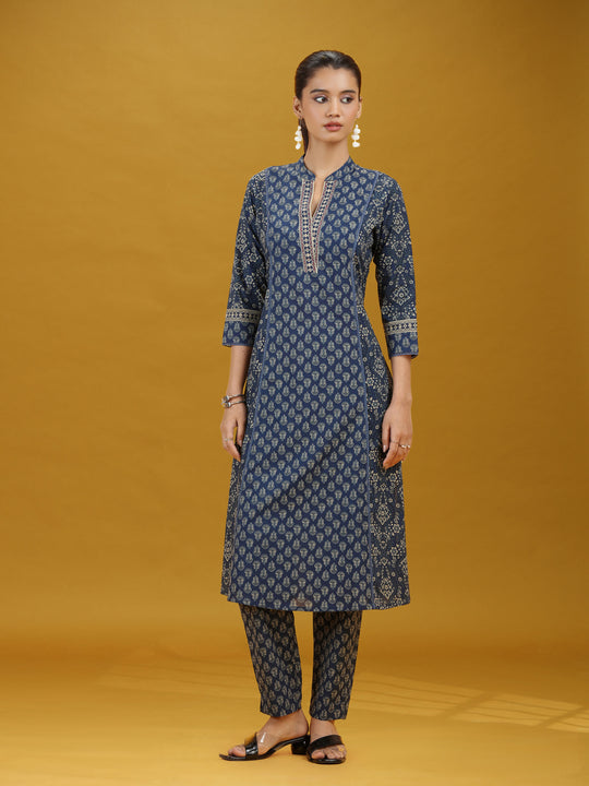 Navy Blue Printed Cotton Straight Co-Ord Set