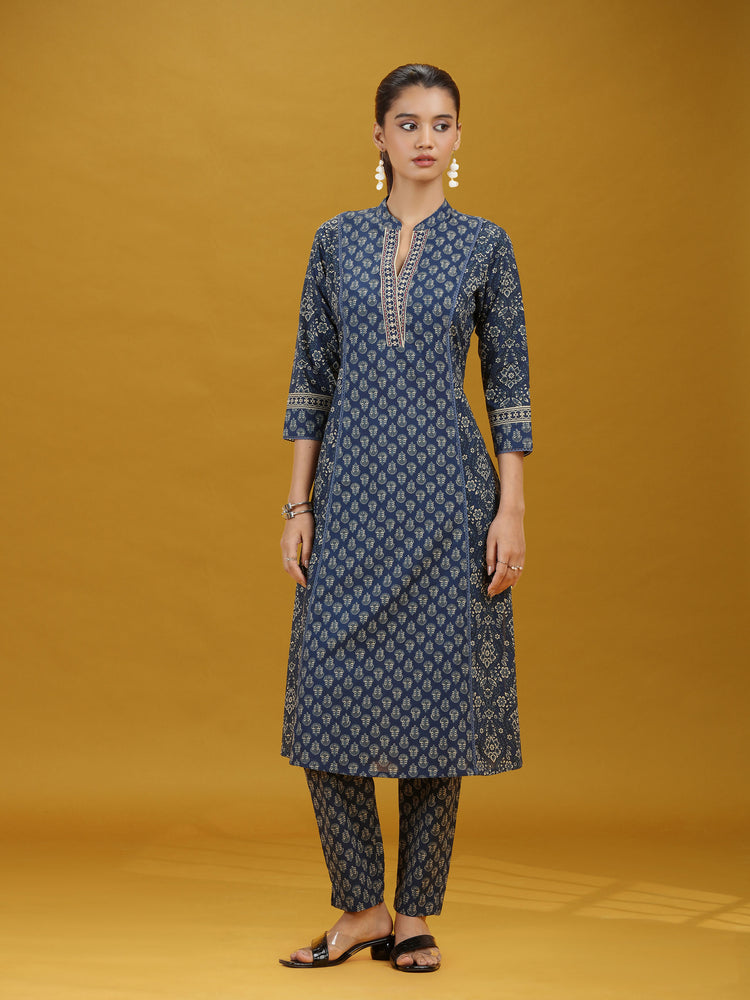 Navy Blue Printed Cotton Straight Co-Ord Set