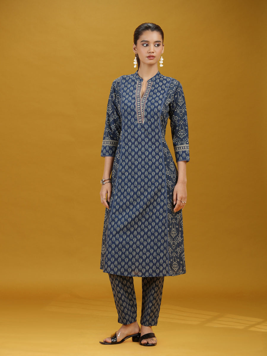 Navy Blue Printed Pure Cotton Straight Co-Ord Set