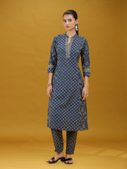 Navy Blue Printed Cotton Straight Co-Ord Set