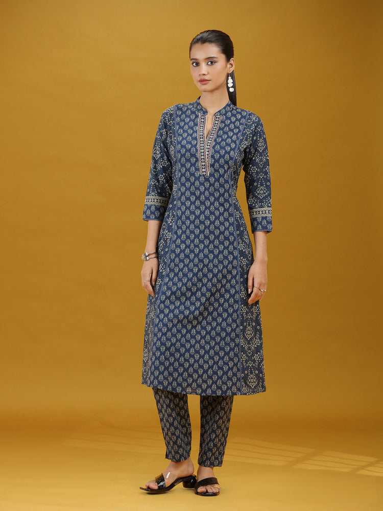 Navy Blue Printed Cotton Straight Co-Ord Set