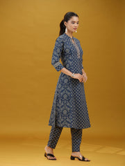 Navy Blue Printed Cotton Straight Co-Ord Set