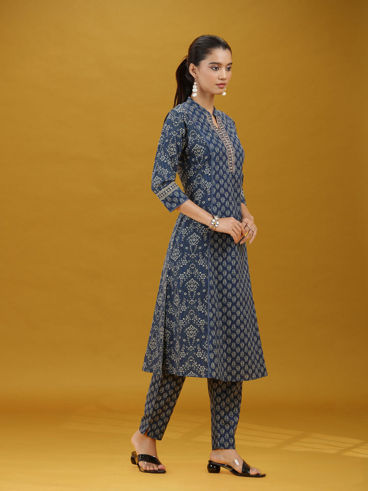 Navy Blue Printed Cotton Straight Co-Ord Set